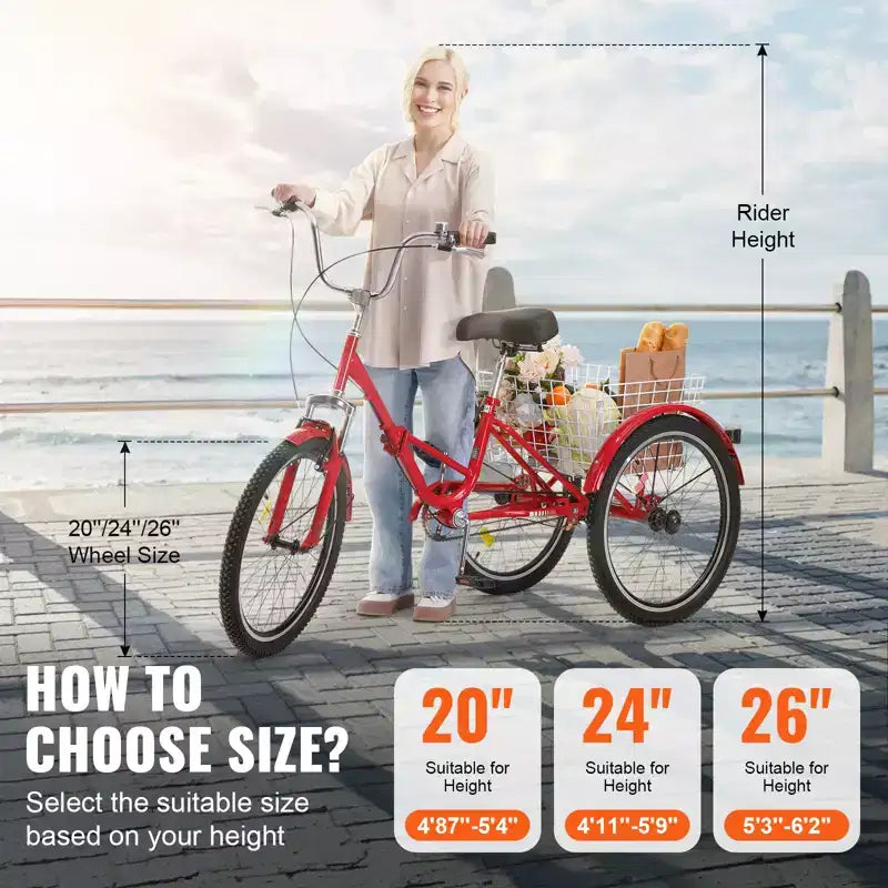 Tricycle pliant adulte VEVOR, Tricycle pliant adulte de 24 pouces, Vélo cruiser à 3 roues en acier au carbone avec grand panier et selle réglable
