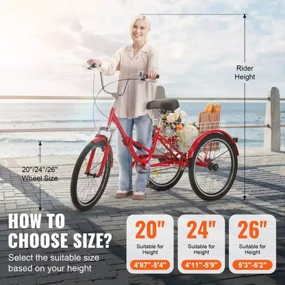 Tricycle pliant adulte VEVOR, Tricycle pliant adulte de 24 pouces, Vélo cruiser à 3 roues en acier au carbone avec grand panier et selle réglable