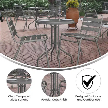 Flash Furniture Lila Tavolo Rotondo in Vetro e Metallo da 23,75" con 2 Sedie a Slat Impilabili in Alluminio e Metallo
