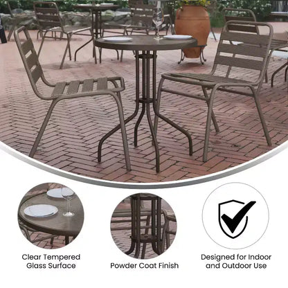 Flash Furniture Lila Tavolo Rotondo in Vetro e Metallo da 23,75" con 2 Sedie a Slat Impilabili in Alluminio e Metallo