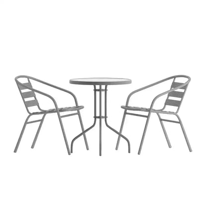 Flash Furniture Lila Tavolo Rotondo in Vetro e Metallo da 23,75" con 2 Sedie a Slat Impilabili in Alluminio e Metallo