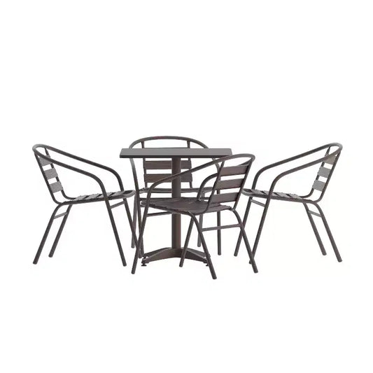 Emma and Oliver 27.5'' Square Aluminum Indoor-Outdoor Table Set with 4 Slat Back Chairs