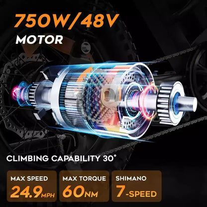 Eilleo 20 Fat Tire E-Bike Motore da 750W (920W di picco), 40 km/h, autonomia 80-110 km, batteria 48V 15.6Ah, doppia sospensione, Shimano 7 velocità