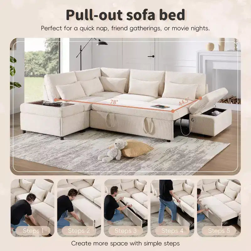 Canapé-lit modulaire sectionnel Whisen 270 - 6 places en forme de L avec pouf de rangement, canapé en chenille, personnalisable pour salon et appartement