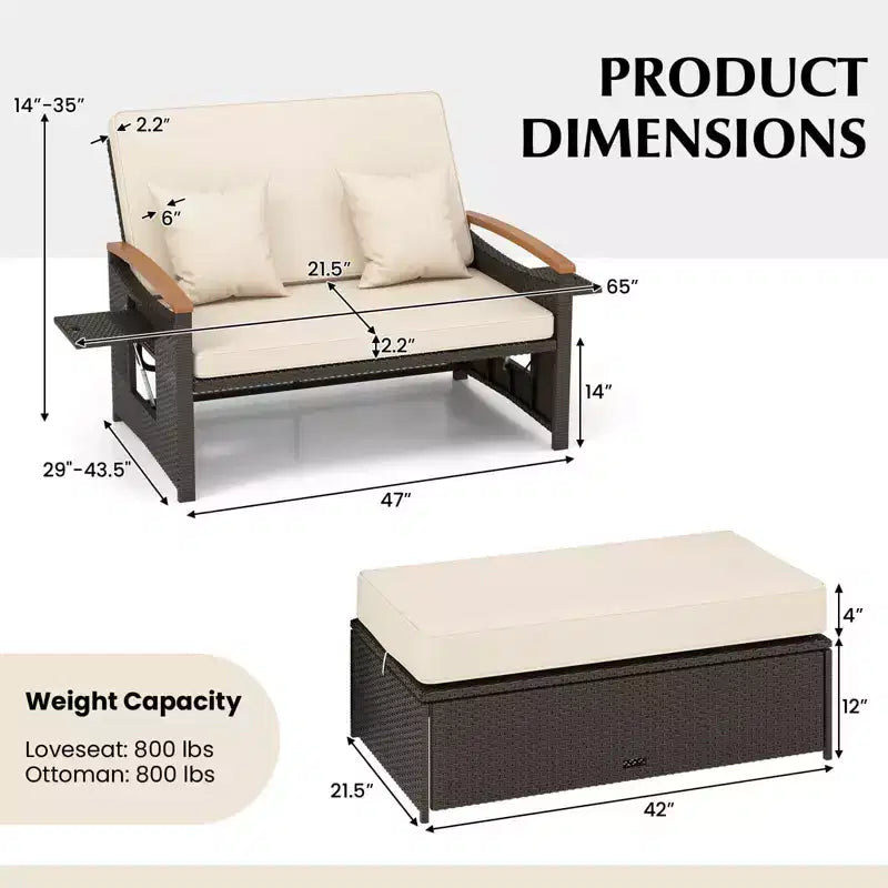 Set divano letto in rattan per esterni Costway con divanetto imbottito e poggiapiedi contenitore per veranda Beige/Blu marino/Rosso/Turchese/Nero/Grigio