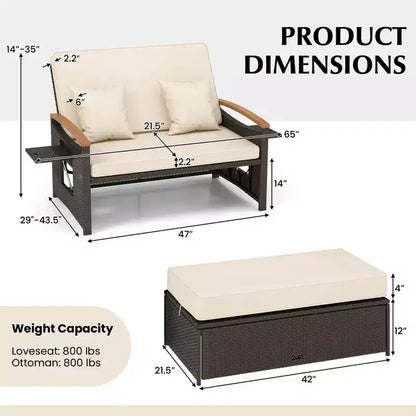 Set divano letto in rattan per esterni Costway con divanetto imbottito e poggiapiedi contenitore per veranda Beige/Blu marino/Rosso/Turchese/Nero/Grigio