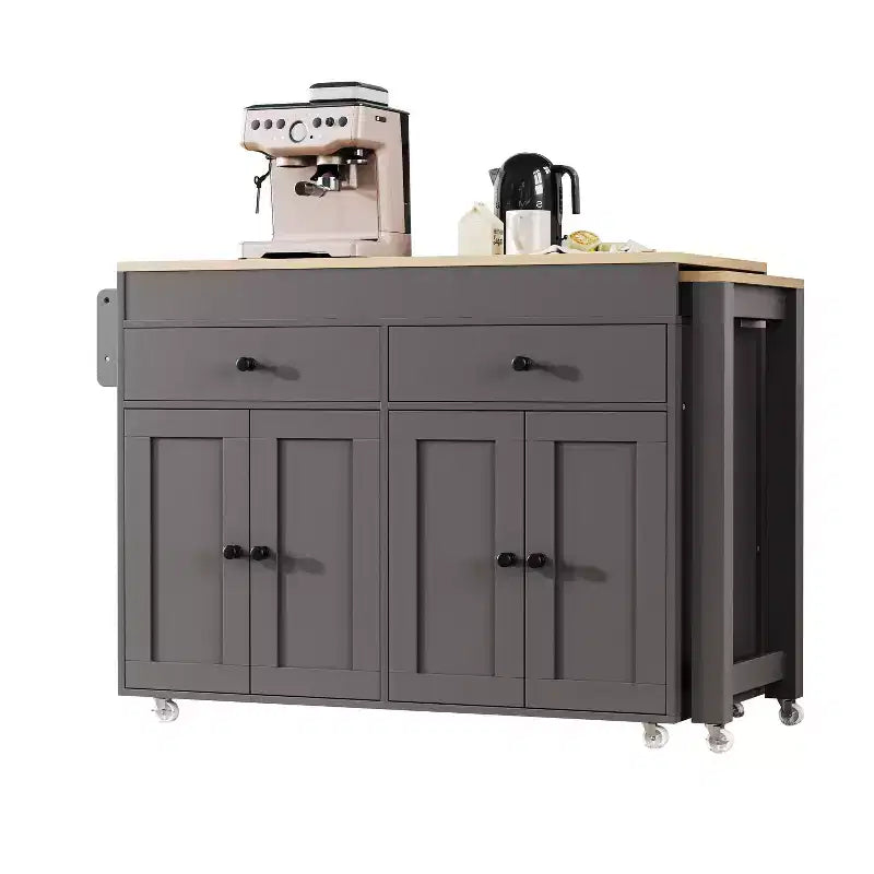 Isola da Cucina da 189 cm con Tavolo da Pranzo Estensibile, Carrello con 4 Armadietti, 2 Cassetti, Porta Spezie, Ripiani Regolabili