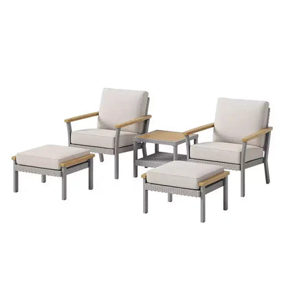 SONGMICS HOME Sencillo Collection - 5 Piece Patio Furniture Set, 2 Lounge Chairs, 2 Ottomans, 1 Coffee Table, Outdoor Furniture, Gray and Beige