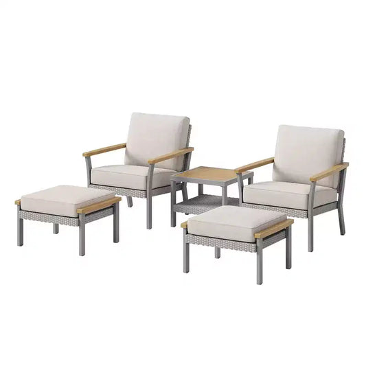SONGMICS HOME Sencillo Collection - 5 Piece Patio Furniture Set, 2 Lounge Chairs, 2 Ottomans, 1 Coffee Table, Outdoor Furniture, Gray and Beige