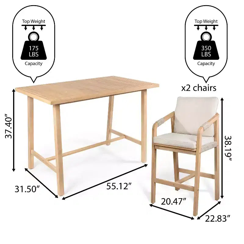 Set da bar da esterno JONATHAN Y Porto Modern Coastal a 3 pezzi in legno di acacia con cuscini
