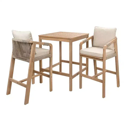 Set da bar da esterno JONATHAN Y Porto Modern Coastal a 3 pezzi in legno di acacia con cuscini