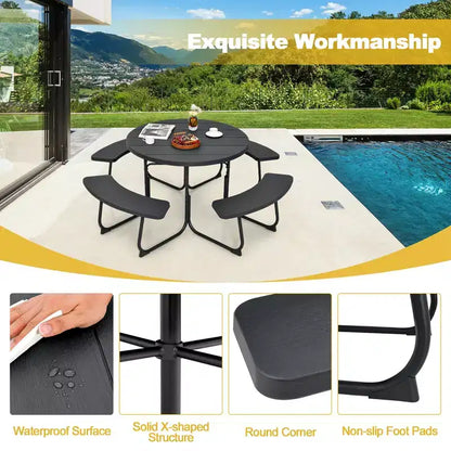 Costway Set Tavolo da Picnic Rotondo da Esterno a 8 Posti con 4 Panche e Foro per Ombrellone Nero/Grigio/Verde/Bianco