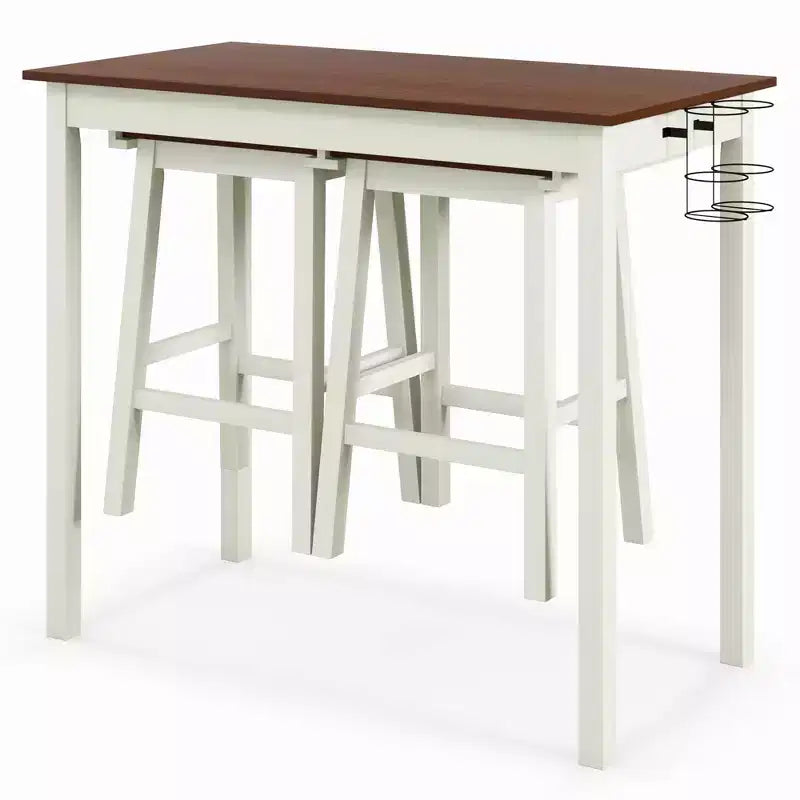 Ensemble table de bar et 2 tabourets Costway, hauteur comptoir, 3 pièces, 2 porte-bouteilles, blanc et noyer