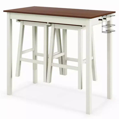 Ensemble table de bar et 2 tabourets Costway, hauteur comptoir, 3 pièces, 2 porte-bouteilles, blanc et noyer