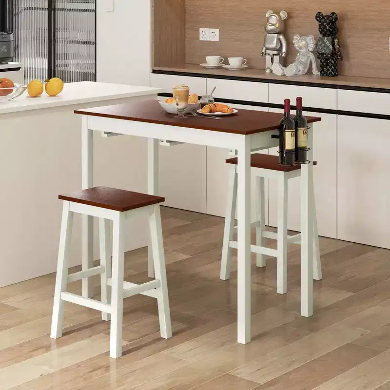 Ensemble table de bar et 2 tabourets Costway, hauteur comptoir, 3 pièces, 2 porte-bouteilles, blanc et noyer