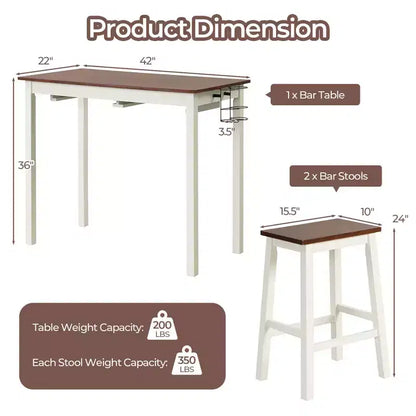 Ensemble table de bar et 2 tabourets Costway, hauteur comptoir, 3 pièces, 2 porte-bouteilles, blanc et noyer