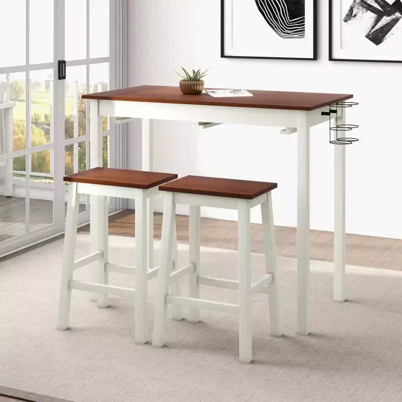Ensemble table de bar et 2 tabourets Costway, hauteur comptoir, 3 pièces, 2 porte-bouteilles, blanc et noyer