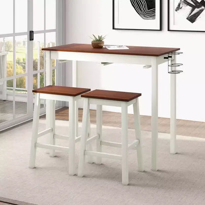 Ensemble table de bar et 2 tabourets Costway, hauteur comptoir, 3 pièces, 2 porte-bouteilles, blanc et noyer