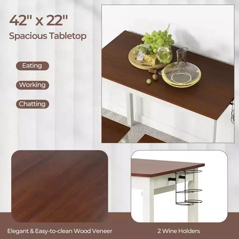Ensemble table de bar et 2 tabourets Costway, hauteur comptoir, 3 pièces, 2 porte-bouteilles, blanc et noyer