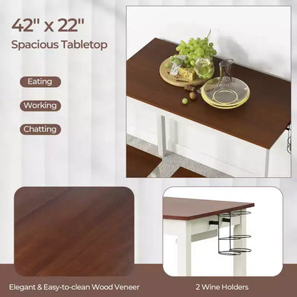 Ensemble table de bar et 2 tabourets Costway, hauteur comptoir, 3 pièces, 2 porte-bouteilles, blanc et noyer