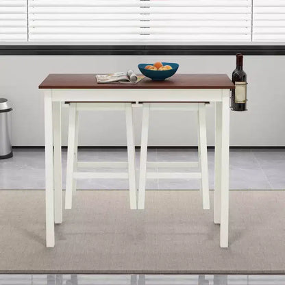 Ensemble table de bar et 2 tabourets Costway, hauteur comptoir, 3 pièces, 2 porte-bouteilles, blanc et noyer