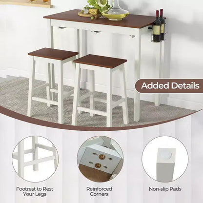 Ensemble table de bar et 2 tabourets Costway, hauteur comptoir, 3 pièces, 2 porte-bouteilles, blanc et noyer