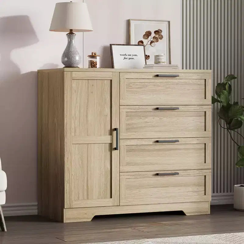 Armadio Guardaroba, 109,98 cm H, in Legno, con 4 Cassetti e Asta Appendiabiti, Rovere Naturale Grigio