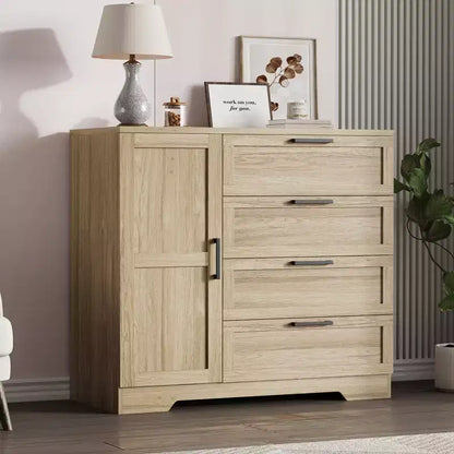 Armadio Guardaroba, 109,98 cm H, in Legno, con 4 Cassetti e Asta Appendiabiti, Rovere Naturale Grigio