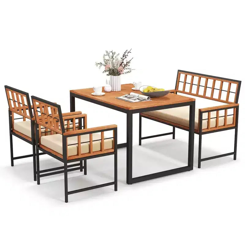 Set da pranzo Costway 4 pezzi per patio, mobili da esterno in legno con 2 sedie e 1 divanetto