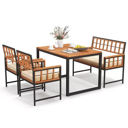 Set da pranzo Costway 4 pezzi per patio, mobili da esterno in legno con 2 sedie e 1 divanetto
