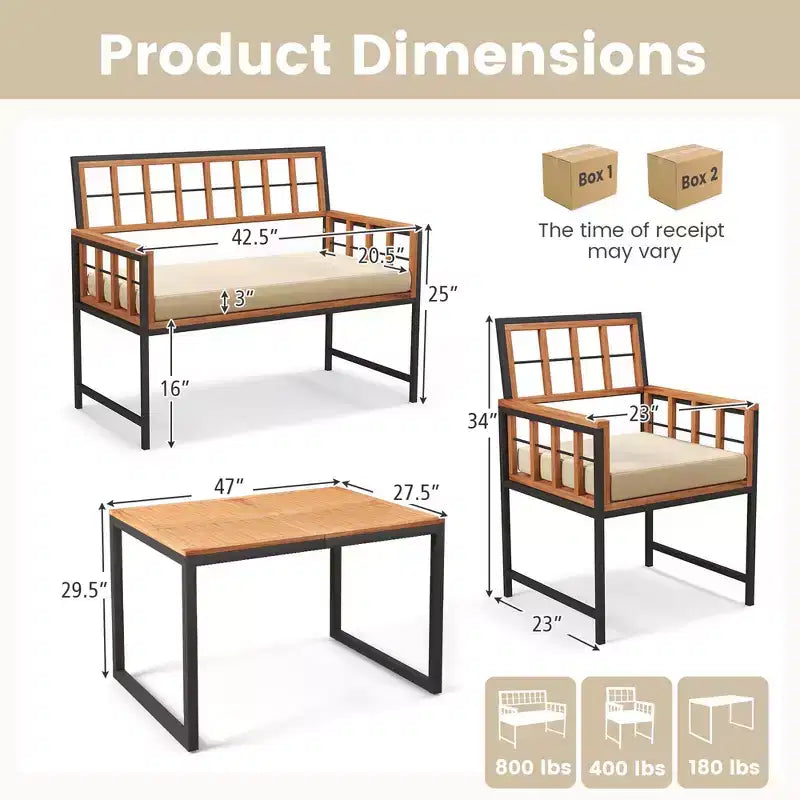 Set da pranzo Costway 4 pezzi per patio, mobili da esterno in legno con 2 sedie e 1 divanetto