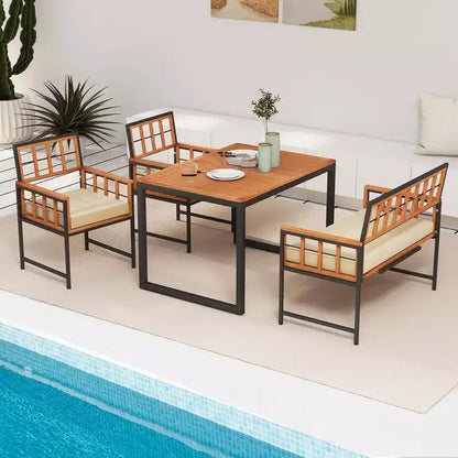 Set da pranzo Costway 4 pezzi per patio, mobili da esterno in legno con 2 sedie e 1 divanetto