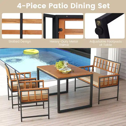 Set da pranzo Costway 4 pezzi per patio, mobili da esterno in legno con 2 sedie e 1 divanetto