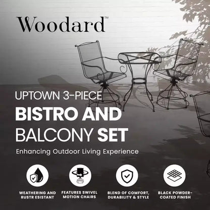 Set da balcone e bistrò Woodard Uptown a 3 pezzi in acciaio con sedie girevoli, tavolo, capacità di carico di 113 kg e finitura verniciata a polvere, nero