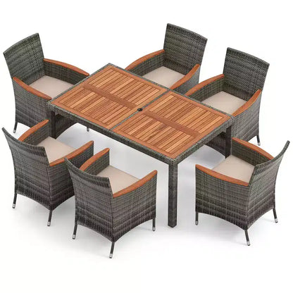 Ensemble de salle à manger d'extérieur Costway 7 pièces en osier avec table en bois d'acacia et 6 fauteuils