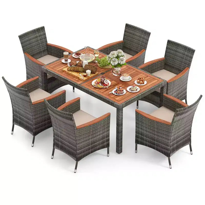 Ensemble de salle à manger d'extérieur Costway 7 pièces en osier avec table en bois d'acacia et 6 fauteuils