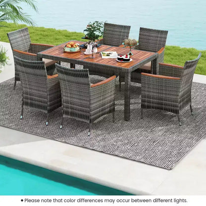 Ensemble de salle à manger d'extérieur Costway 7 pièces en osier avec table en bois d'acacia et 6 fauteuils