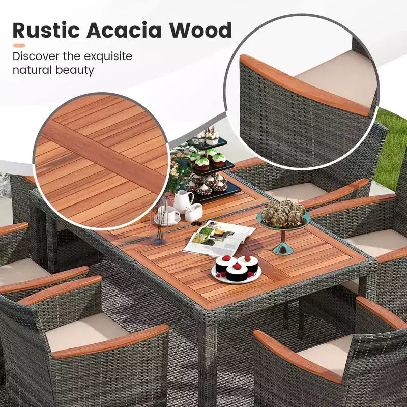 Ensemble de salle à manger d'extérieur Costway 7 pièces en osier avec table en bois d'acacia et 6 fauteuils