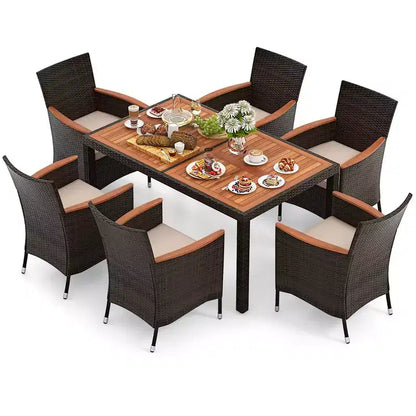 Costway Set da Pranzo da Esterno 7 Pezzi in Vimini con Tavolo in Legno di Acacia e 6 Sedie Impilabili