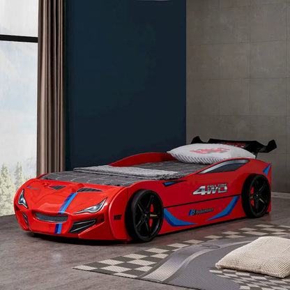 Lit enfant voiture de course double avec lit gigogne, finition brillante, pas besoin de sommier tapissier