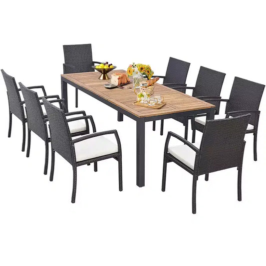 Costway 9 PCS Patio Rattan Dining Set with Acacia Wood Table, Cushions, 1.9 Umbrella Hole