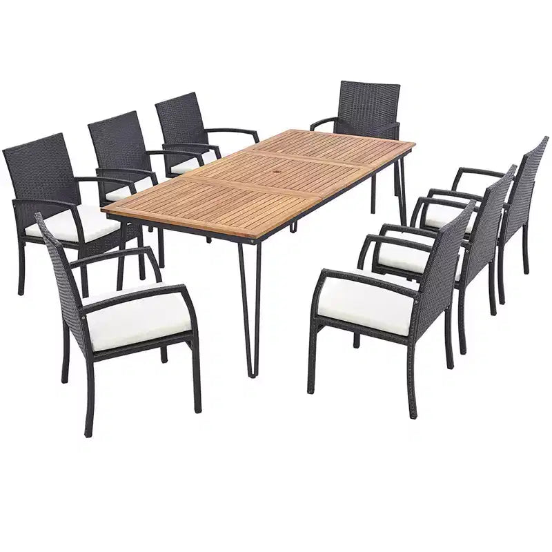 Set da Pranzo Costway 9 Pezzi in Rattan da Esterno con Tavolo in Legno di Acacia, Cuscini, Foro per Ombrellone da 1,9