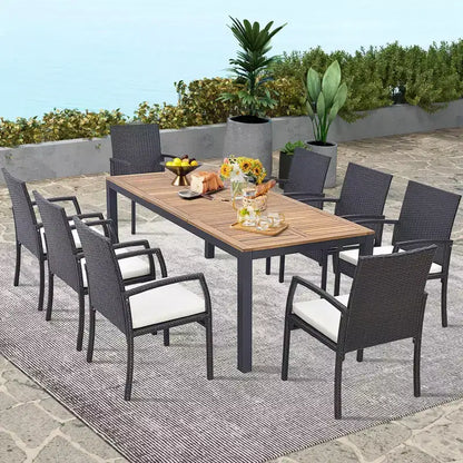 Set da Pranzo Costway 9 Pezzi in Rattan da Esterno con Tavolo in Legno di Acacia, Cuscini, Foro per Ombrellone da 1,9