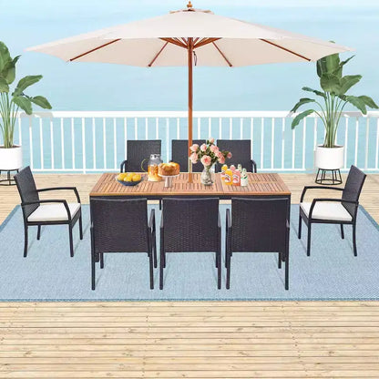 Set da Pranzo Costway 9 Pezzi in Rattan da Esterno con Tavolo in Legno di Acacia, Cuscini, Foro per Ombrellone da 1,9