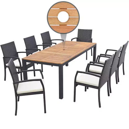 Set da Pranzo Costway 9 Pezzi in Rattan da Esterno con Tavolo in Legno di Acacia, Cuscini, Foro per Ombrellone da 1,9
