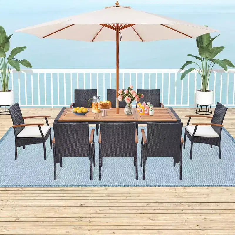 Costway 9 Pieces Patio Rattan Dining Set with Acacia Wood Table, 1.9 Umbrella Hole