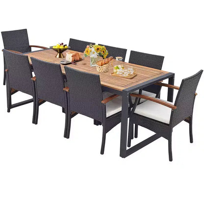 Set da Pranzo da Esterno in Rattan Costway da 9 Pezzi con Tavolo in Legno di Acacia, Foro per Ombrellone da 1,9"