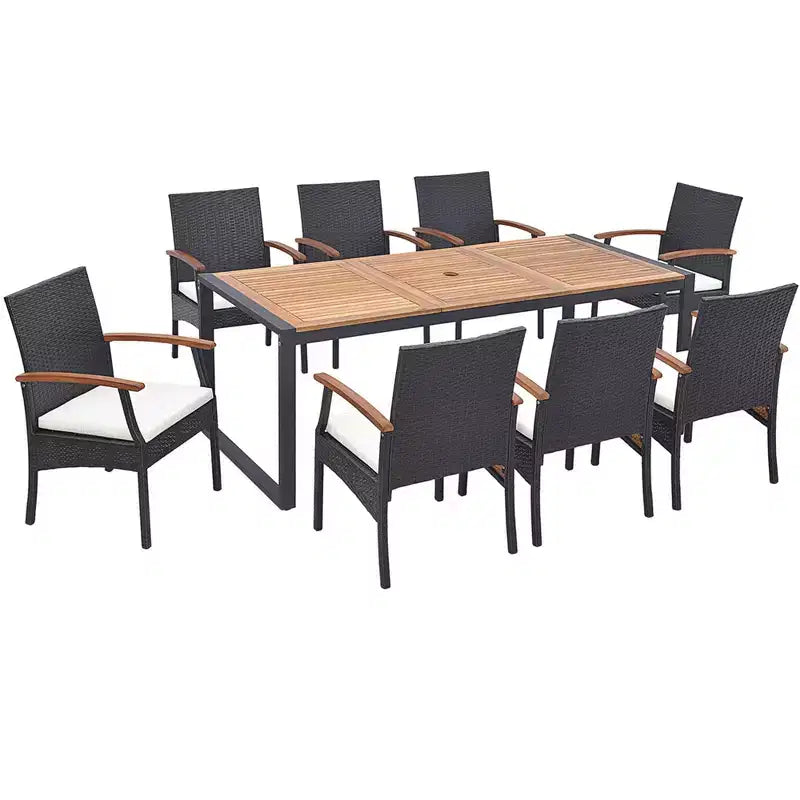 Set da Pranzo da Esterno in Rattan Costway da 9 Pezzi con Tavolo in Legno di Acacia, Foro per Ombrellone da 1,9"