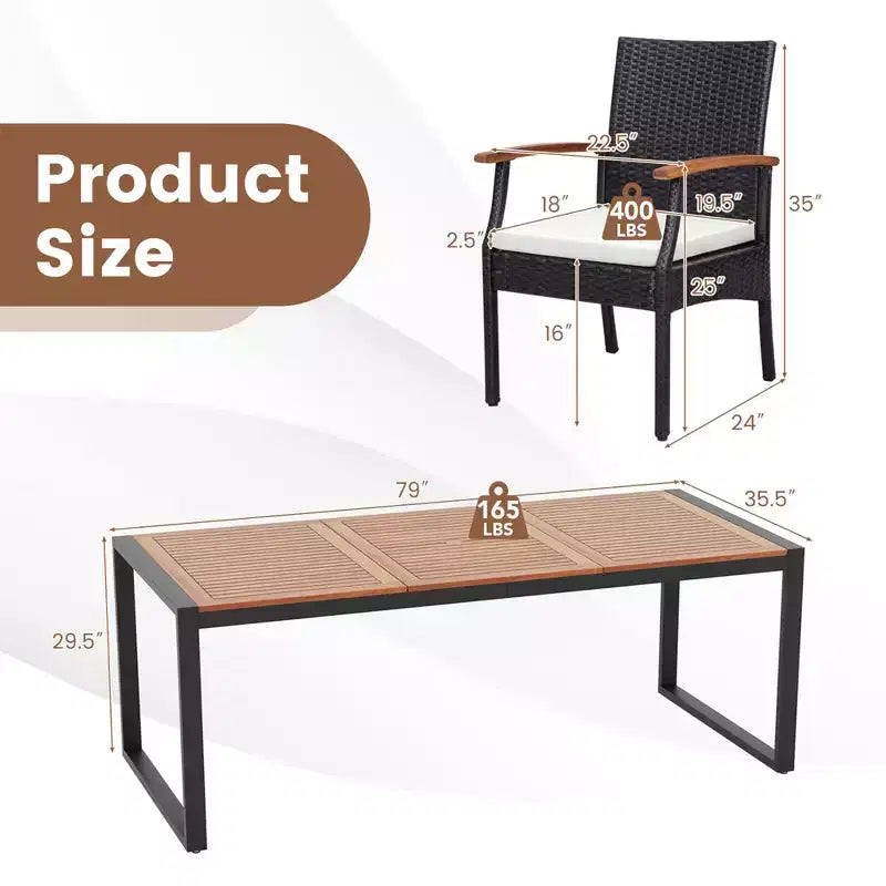 Set da Pranzo da Esterno in Rattan Costway da 9 Pezzi con Tavolo in Legno di Acacia, Foro per Ombrellone da 1,9"