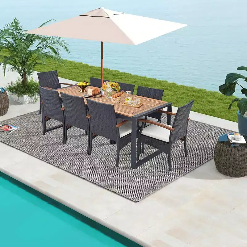Set da Pranzo da Esterno in Rattan Costway da 9 Pezzi con Tavolo in Legno di Acacia, Foro per Ombrellone da 1,9"
